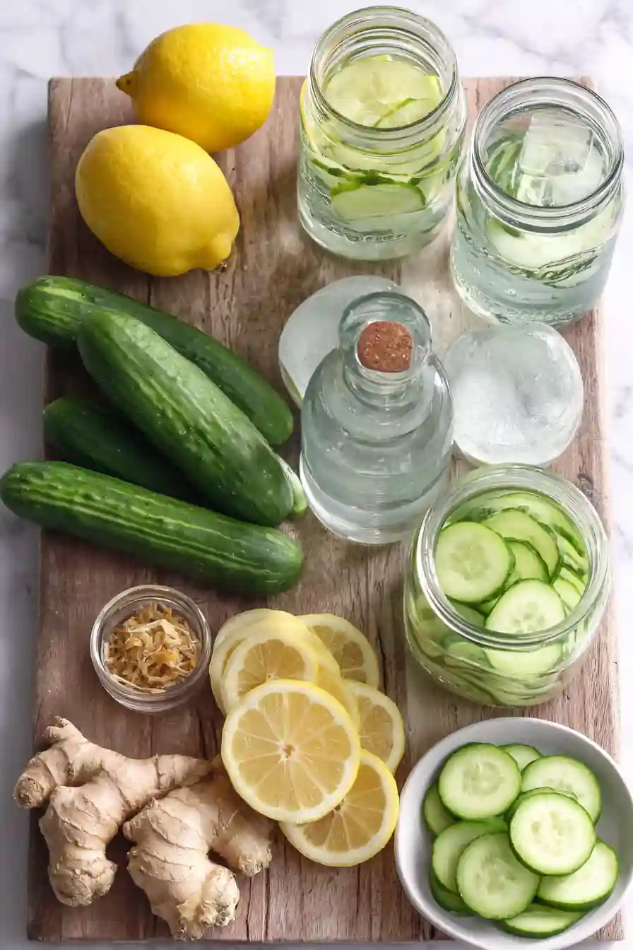 lemon-ginger-cucumber-ingredients. sliced cucumber, lemon, and ginger on counter