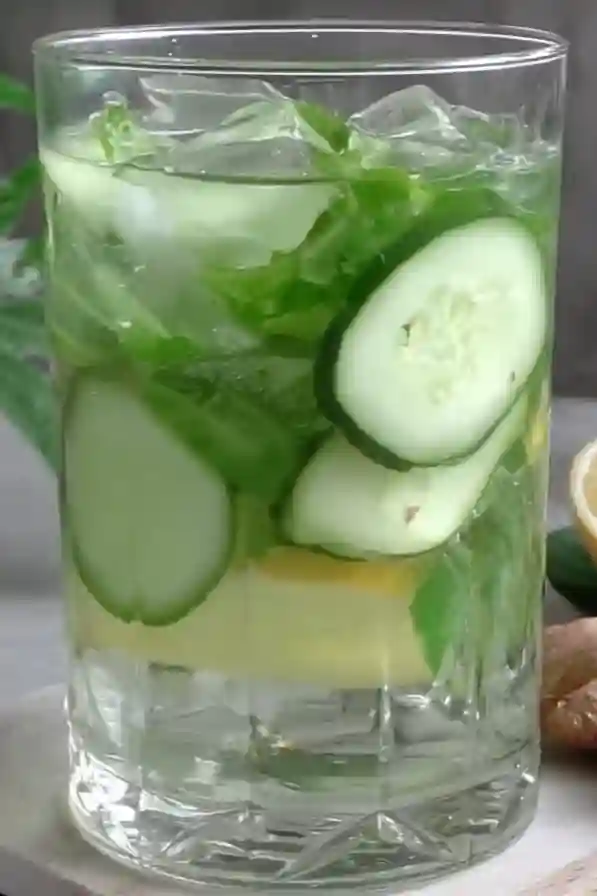lemon-ginger-cucumber-serving_compressed hand serving lemon ginger cucumber water with mint