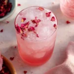 Lychee Rose Mocktail in coupe glass with rose petal garnish