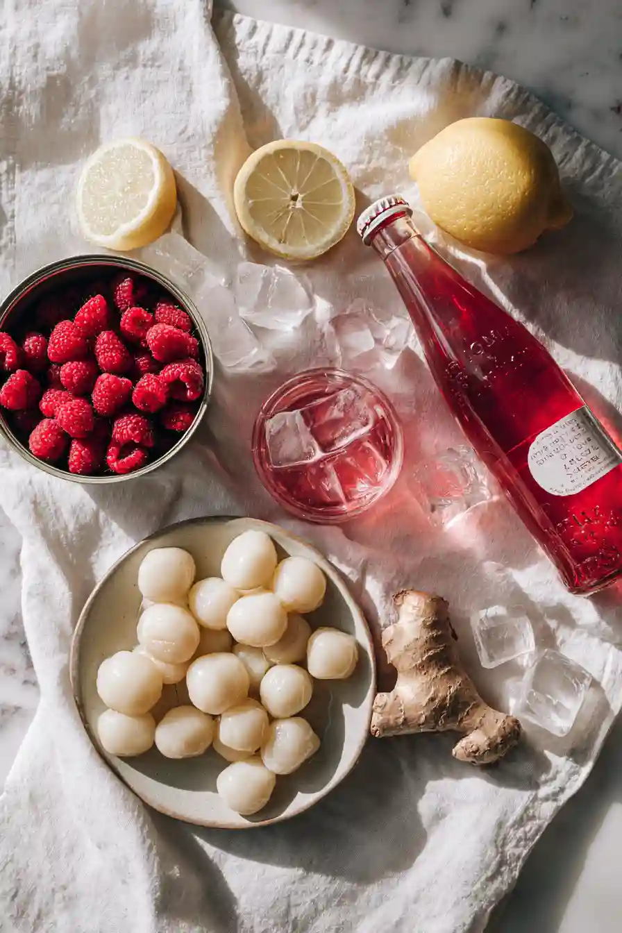 lychee-rose-mocktail-ingredients_compressed Lychee Rose Mocktail ingredients flat lay