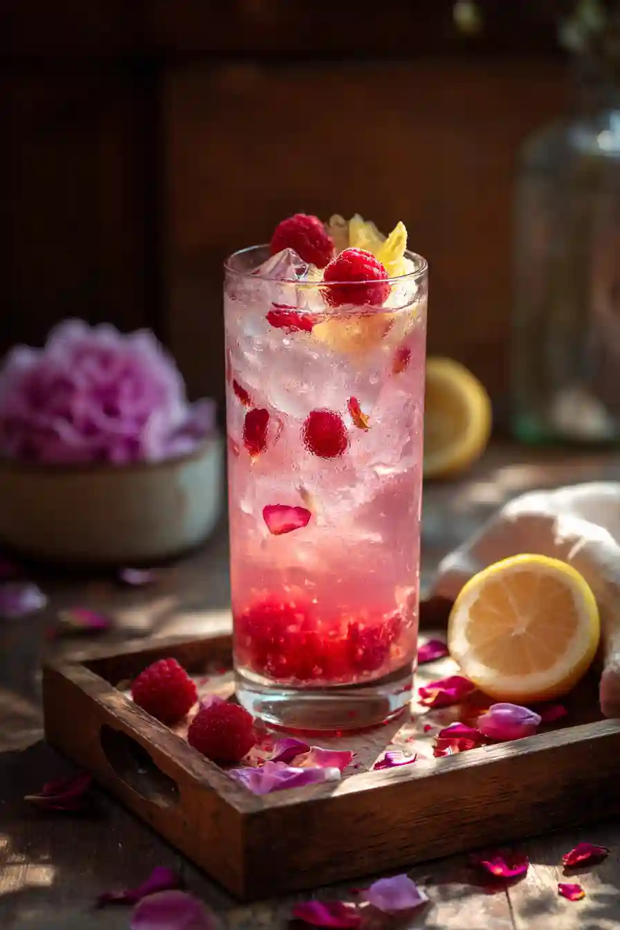 lychee-rose-mocktail-served_compressed Lychee Rose Mocktail with garnish and ice