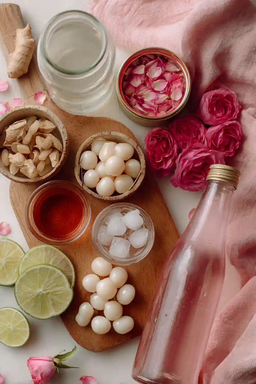 lychee-rose-spritz-mocktail-ingredients Ingredients for lychee rose spritz mocktail on soft background
