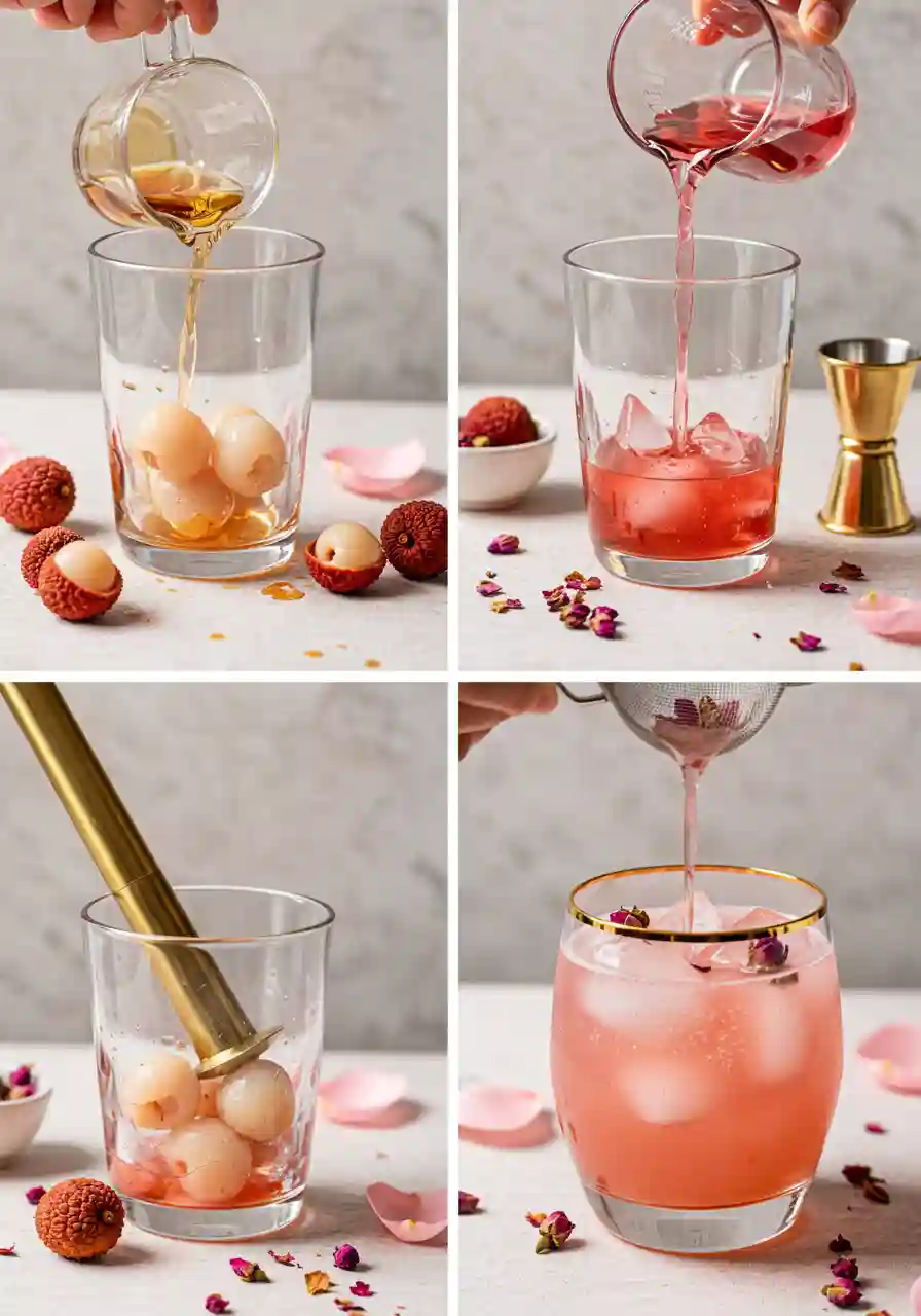lychee-rose-spritz-step-by-step Step-by-step photos for making lychee rose mocktail