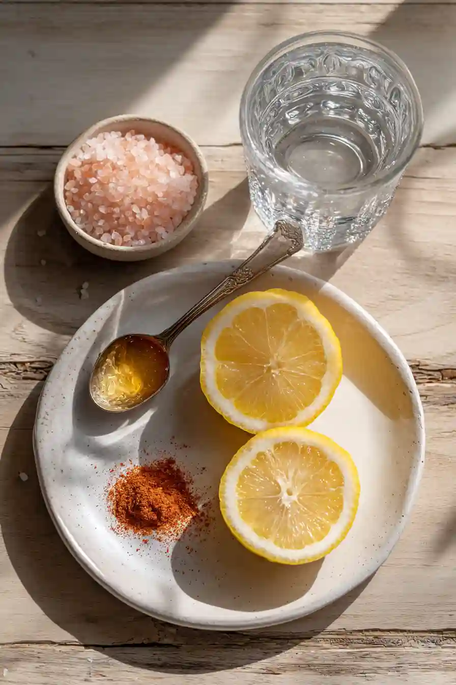 pink-salt-detox-ingredients. Ingredients for pink salt detox drink on wooden table