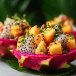 pitaya yellow dragon fruit salad served in a dragon fruit shell on palm leaves