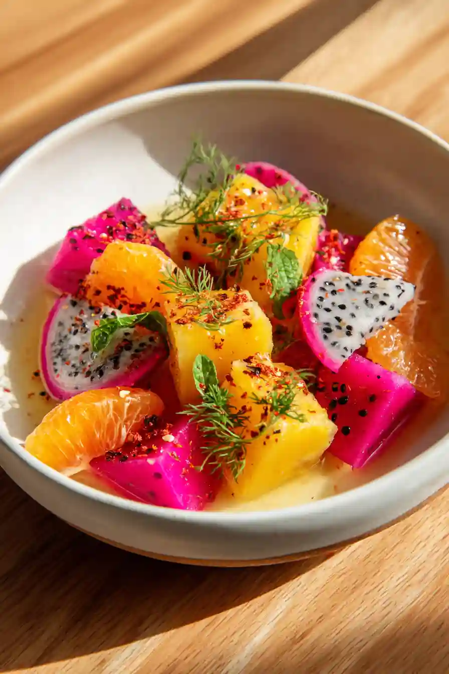 serving-pitaya-yellow-dragon-fruit-salad_compressed pitaya yellow dragon fruit salad served in a white bowl with Tajín and lime syrup