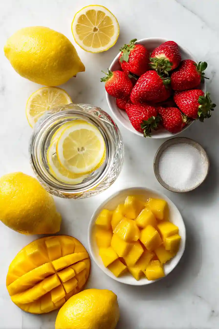 strawberry-mango-lemonade-ingredients Fresh ingredients for strawberry mango lemonade on white background