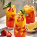 Served glasses of strawberry mango lemonade with garnish on a summer table