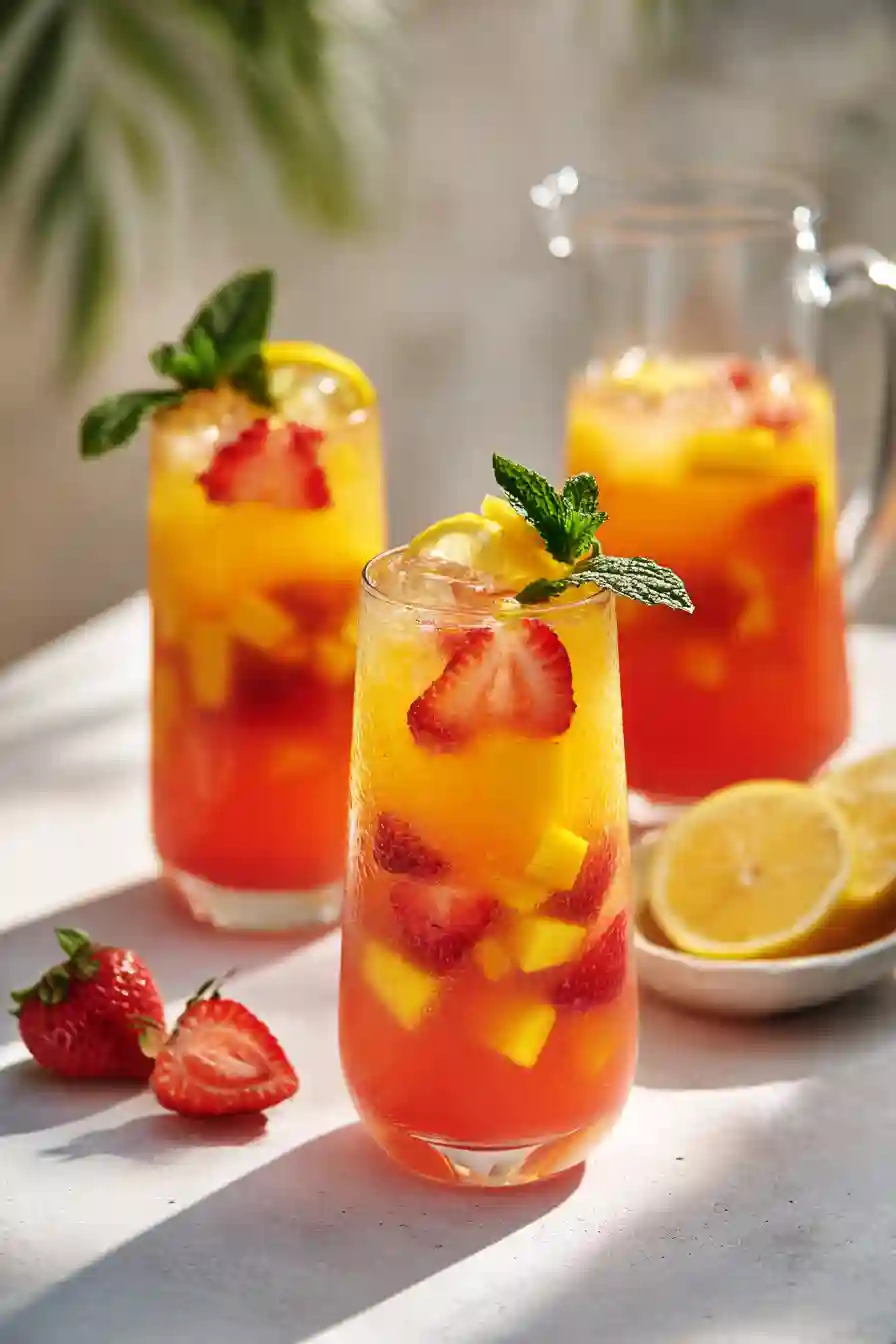 strawberry-mango-lemonade-serving Served glasses of strawberry mango lemonade with garnish on a summer table