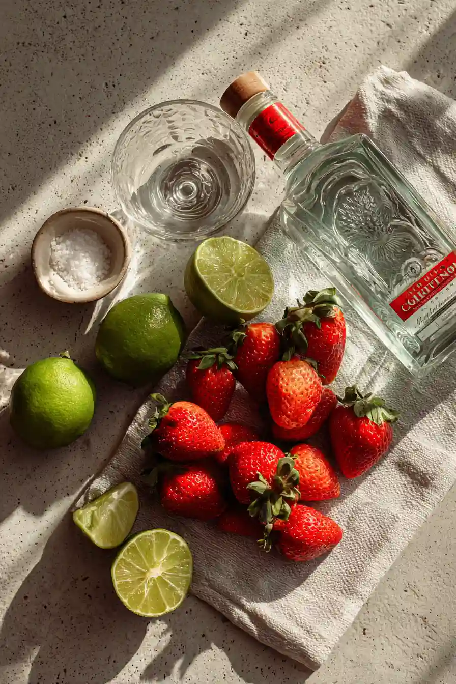 strawberry-margarita-ingredients-overhead Strawberry margarita ingredients displayed on a rustic countertop