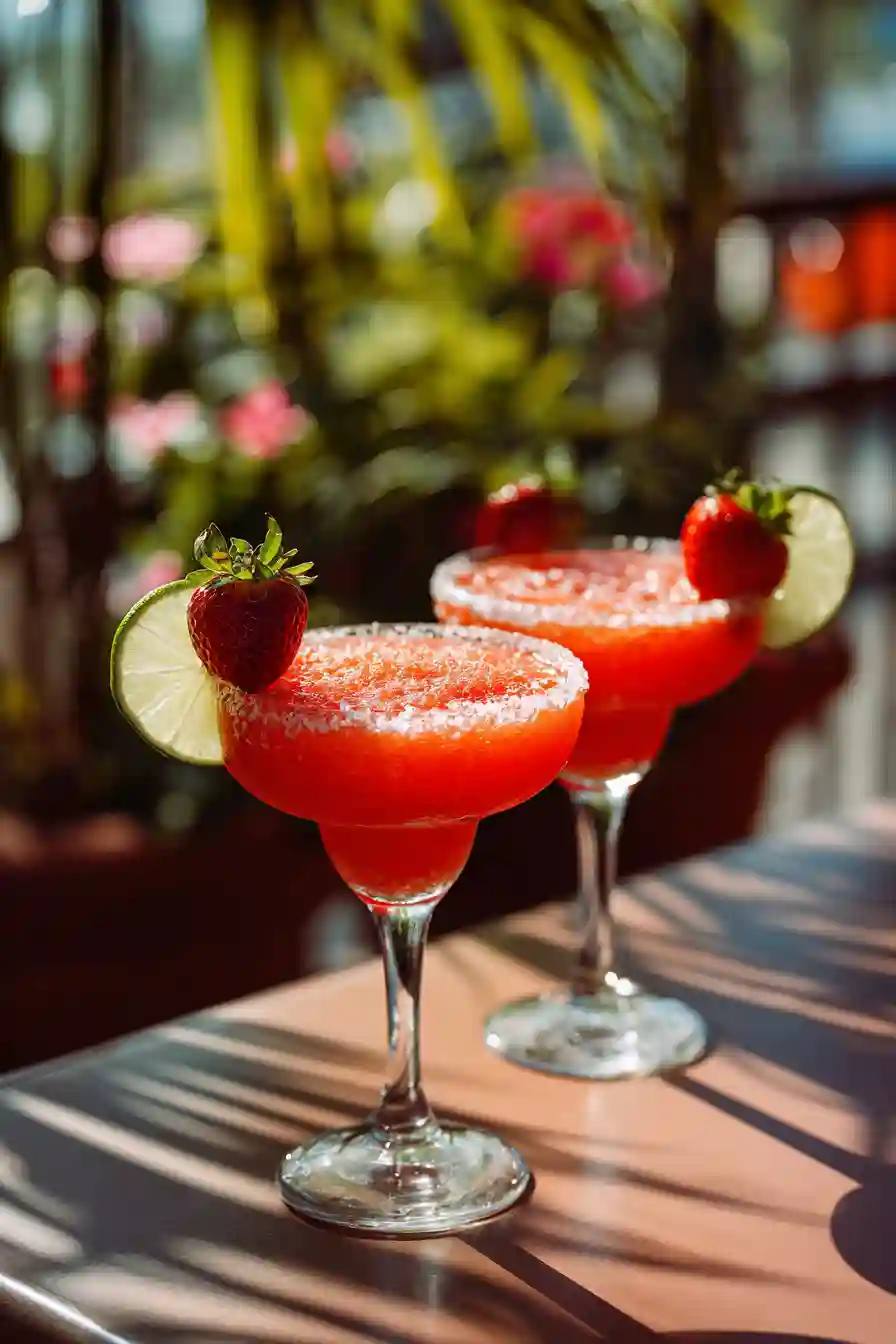 strawberry-margaritas-outdoor-serving Two strawberry margaritas served outdoors with tropical garnish