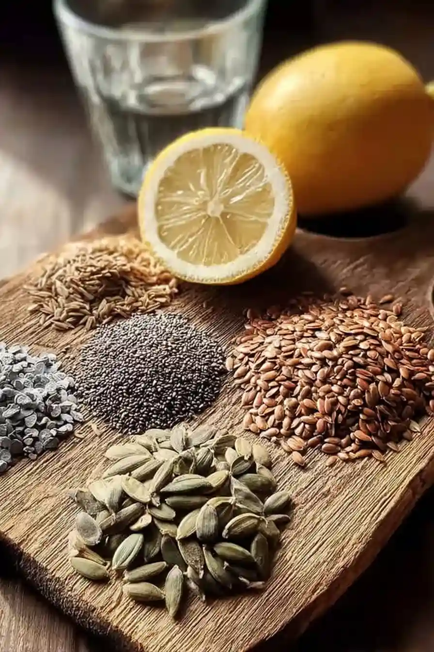 bariatric-seed-recipe-ingredients Ingredients for bariatric seed recipe including chia, flax, pumpkin, fennel seeds, lemon, and water