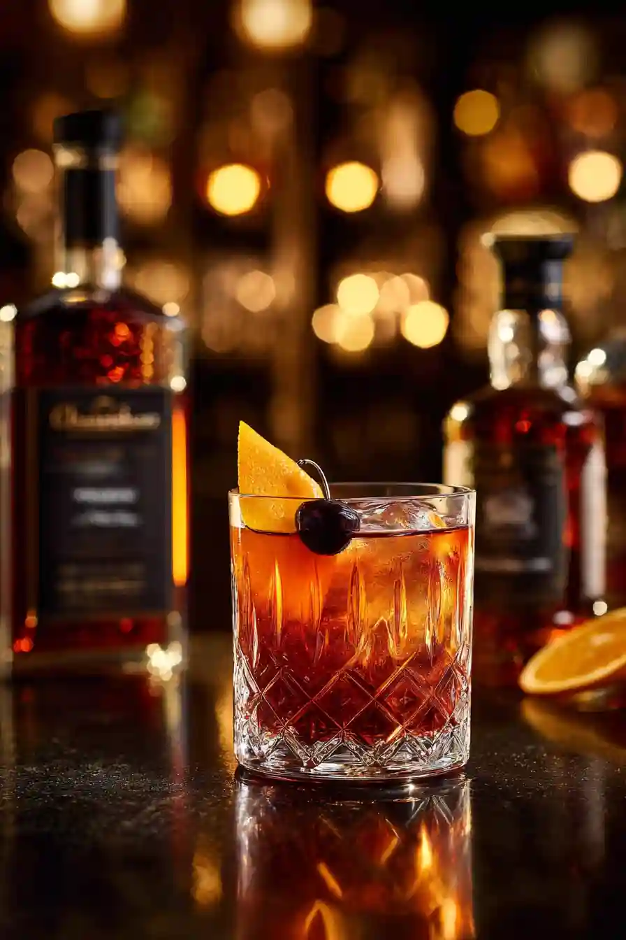 el-presidente-cocktail-ingredients-setup El Presidente cocktail with orange twist and cherry garnish on a dark bar top