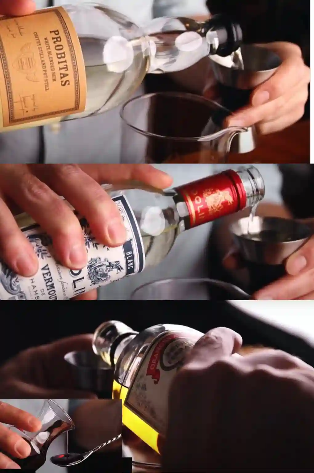 el-presidente-cocktail-step-collage Step-by-step pouring of El Presidente cocktail ingredients into a mixing glass