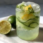 Lemon ginger cucumber water with lime slices in a glass on a marble board