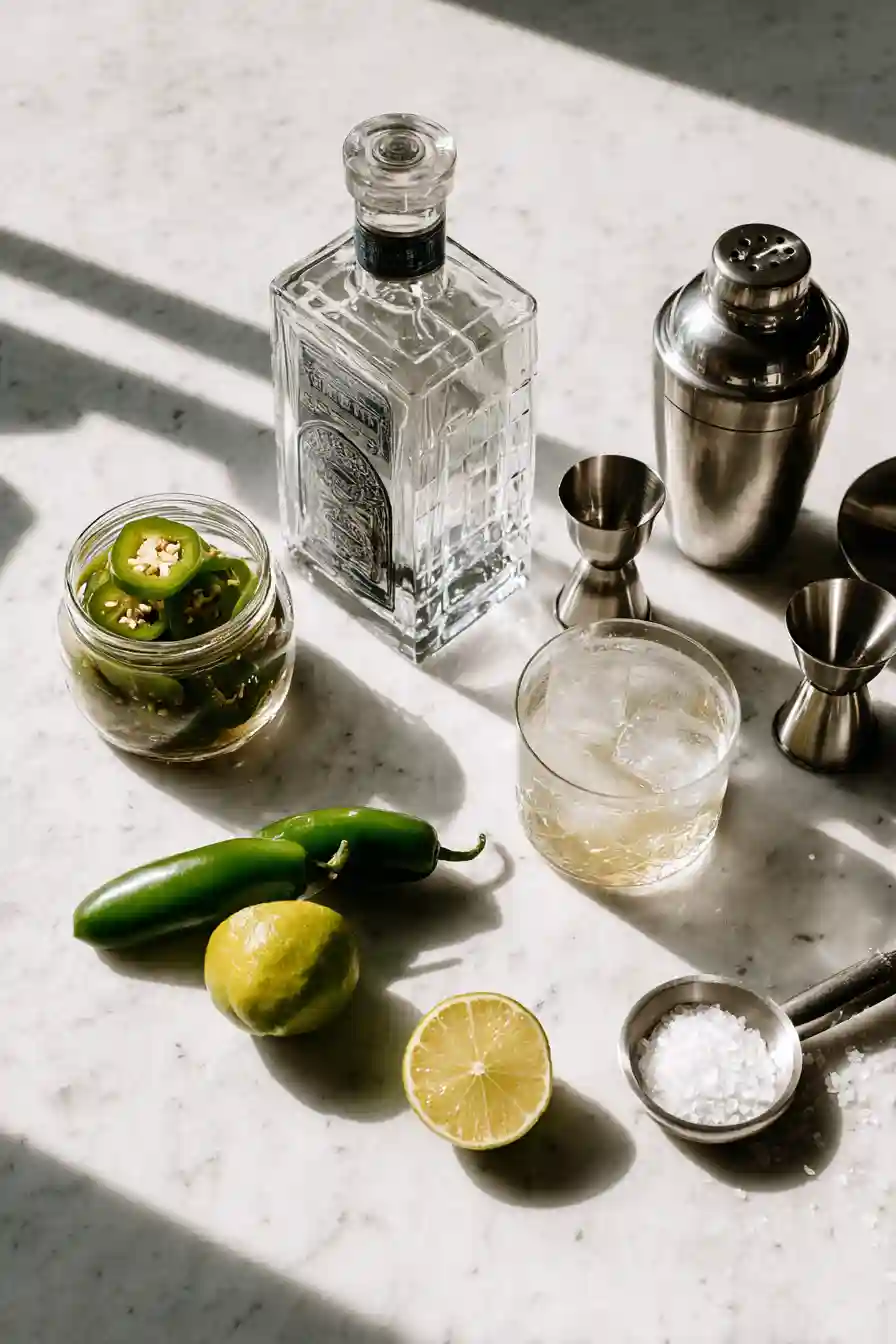 pickled-jalapeno-margarita-ingredients. Margarita ingredients including tequila, lime, triple sec, and pickled jalapeños