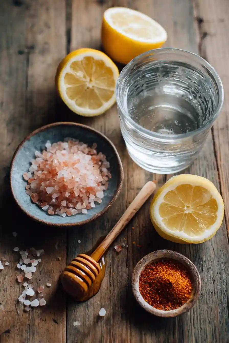 pink-salt-trick-recipe-ingredients Ingredients for pink salt trick weight loss drink including Himalayan pink salt, lemon, honey, and warm water