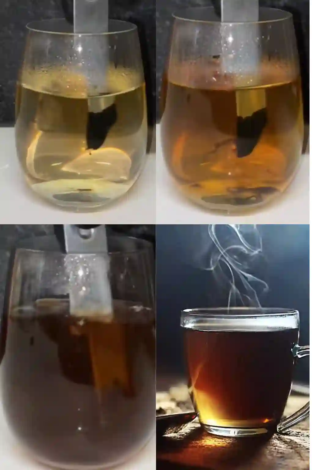shilajit-tea-brewing-steps-composite_compressed Step-by-step process of making Shilajit tea showing resin dissolving, color change, and a steaming final cup.