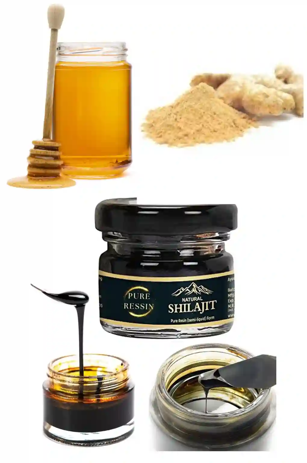 shilajit-tea-ingredients-honey-ginger-resin_compressed Shilajit tea ingredients including honey, ginger powder, and purified Shilajit resin in jars.