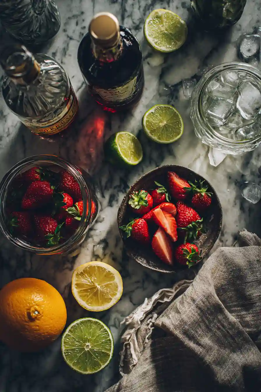 strawberry-spritz-ingredients-flatlay Strawberry spritz ingredients laid out including vermouth, fresh strawberries, tonic water, citrus, and ice