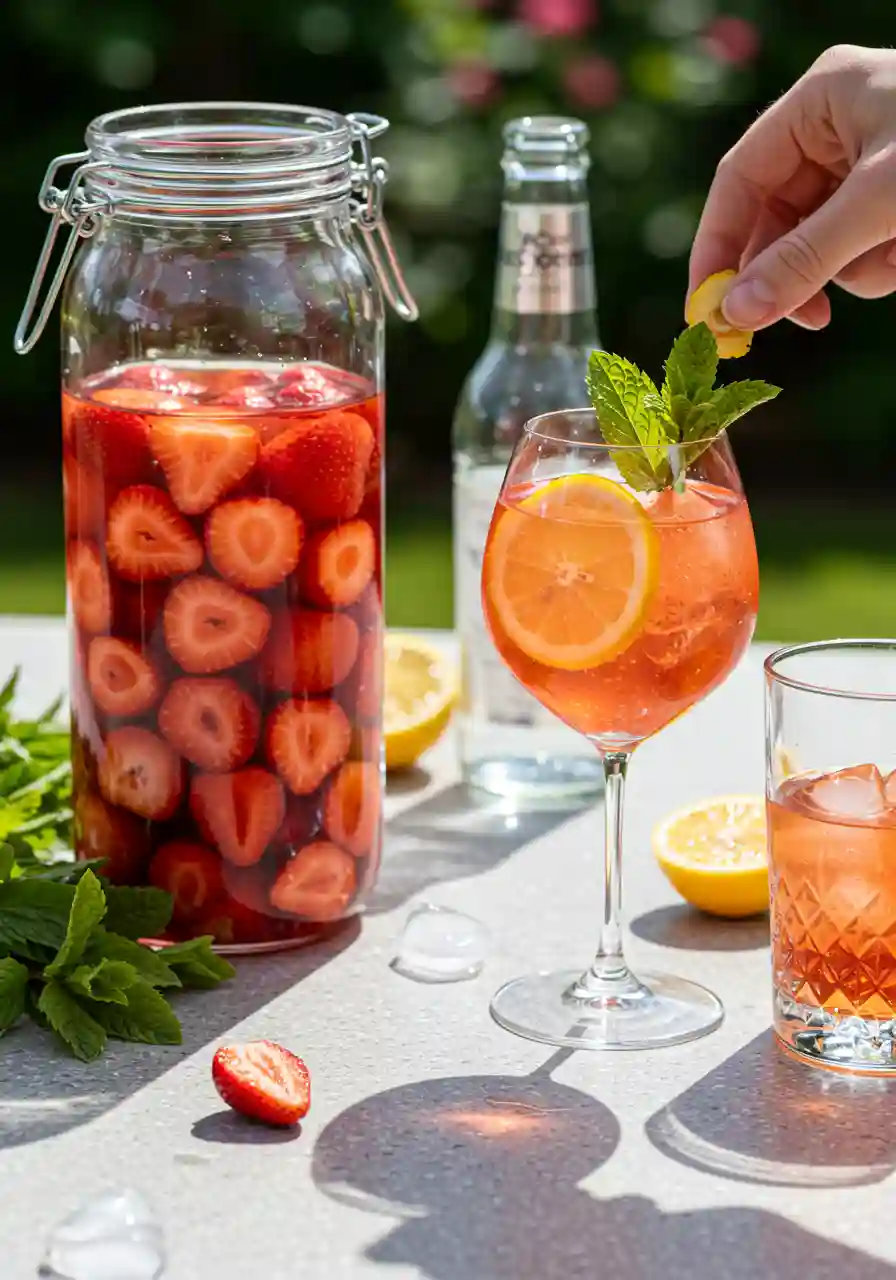 strawberry-spritz-step-vermouth-garnish Infusing strawberries in vermouth and garnishing a strawberry spritz with lemon and mint outdoors
