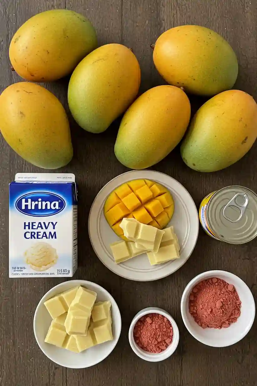 propitious-mango-ice-cream-ingredients-flat-lay Flat lay of ingredients for propitious mango ice cream including heavy cream, mangoes, condensed milk, yellow chocolate, and strawberry powder.