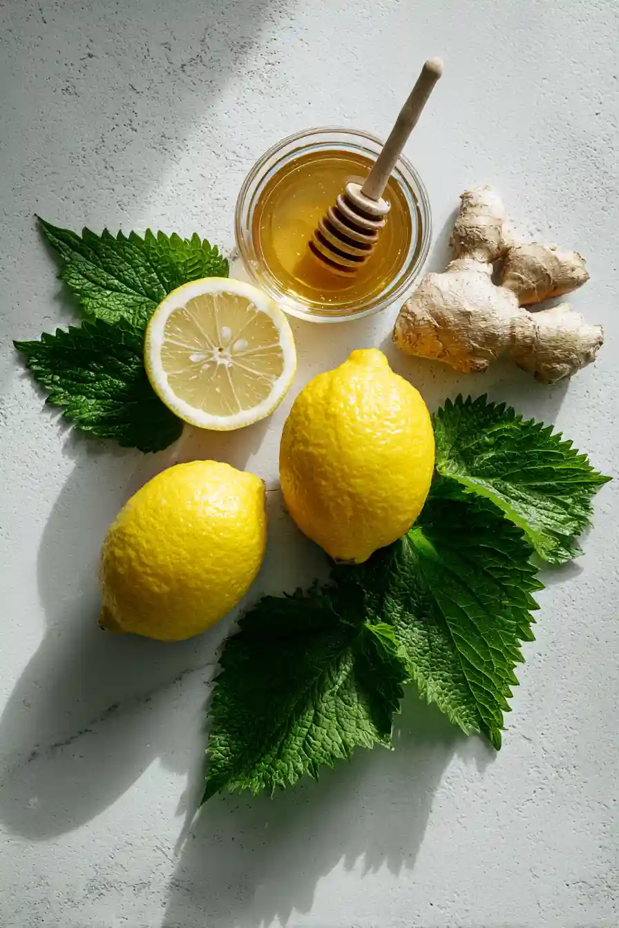 lemon-balm-recipe-for-weight-loss-ingredients-flatlay Lemon balm tea ingredients with lemons, honey, and vintage glass teacup